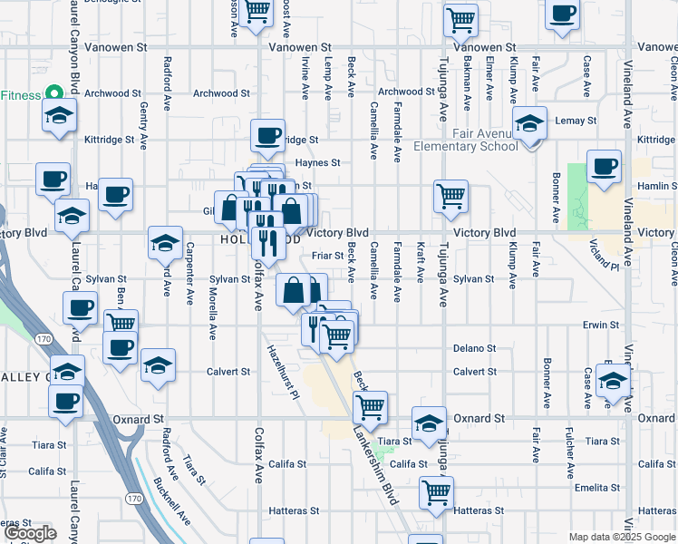 map of restaurants, bars, coffee shops, grocery stores, and more near 11549 Sylvan Street in Los Angeles