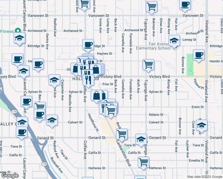 map of restaurants, bars, coffee shops, grocery stores, and more near 11549 Sylvan Street in Los Angeles