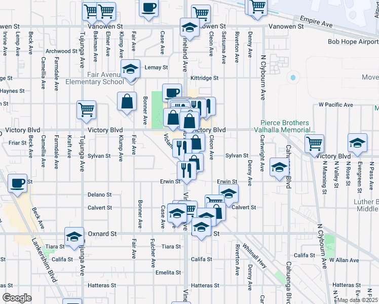 map of restaurants, bars, coffee shops, grocery stores, and more near 6308 Vineland Avenue in Los Angeles