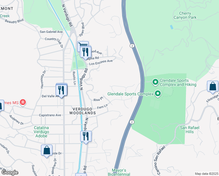 map of restaurants, bars, coffee shops, grocery stores, and more near 2461 Allanjay Place in Glendale