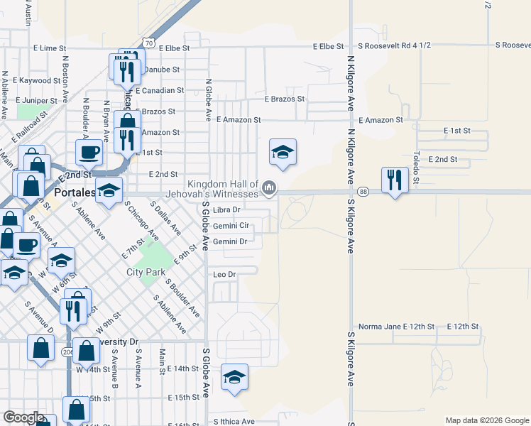 map of restaurants, bars, coffee shops, grocery stores, and more near 1228 Libra Drive in Portales