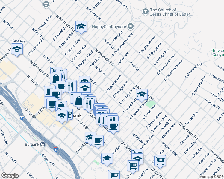 map of restaurants, bars, coffee shops, grocery stores, and more near 620 East Angeleno Avenue in Burbank