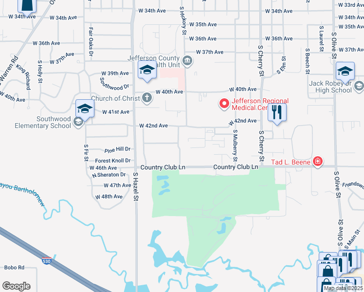map of restaurants, bars, coffee shops, grocery stores, and more near 3 Southern Pines Drive in Pine Bluff