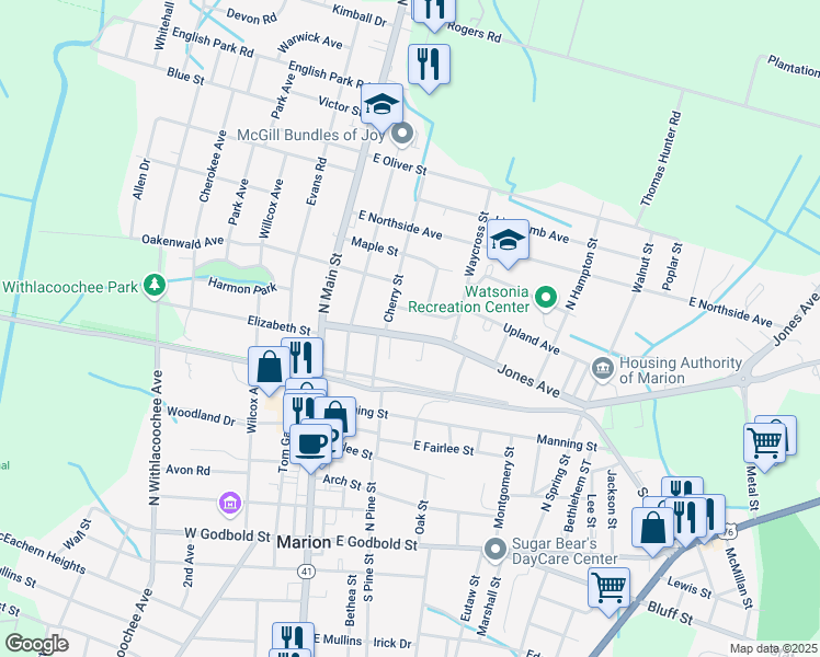 map of restaurants, bars, coffee shops, grocery stores, and more near 307 Jones Avenue in Marion