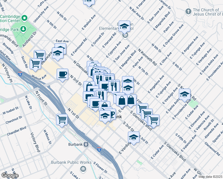 map of restaurants, bars, coffee shops, grocery stores, and more near 417 Palm Avenue in Burbank