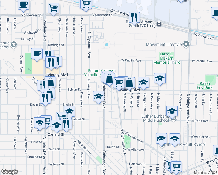 map of restaurants, bars, coffee shops, grocery stores, and more near 10544 Victory Boulevard in Los Angeles