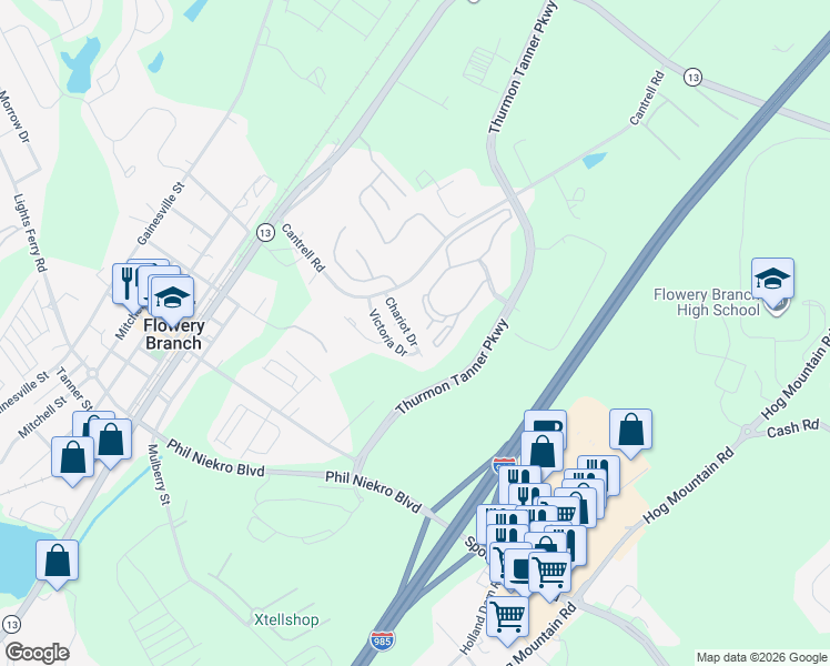 map of restaurants, bars, coffee shops, grocery stores, and more near 4754 Chariot Drive in Flowery Branch