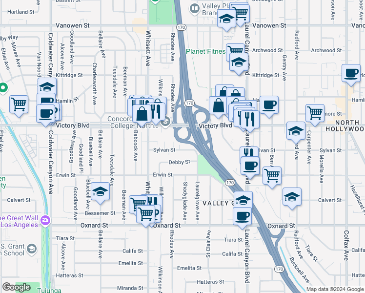 map of restaurants, bars, coffee shops, grocery stores, and more near 12343 Sylvan Street in Los Angeles