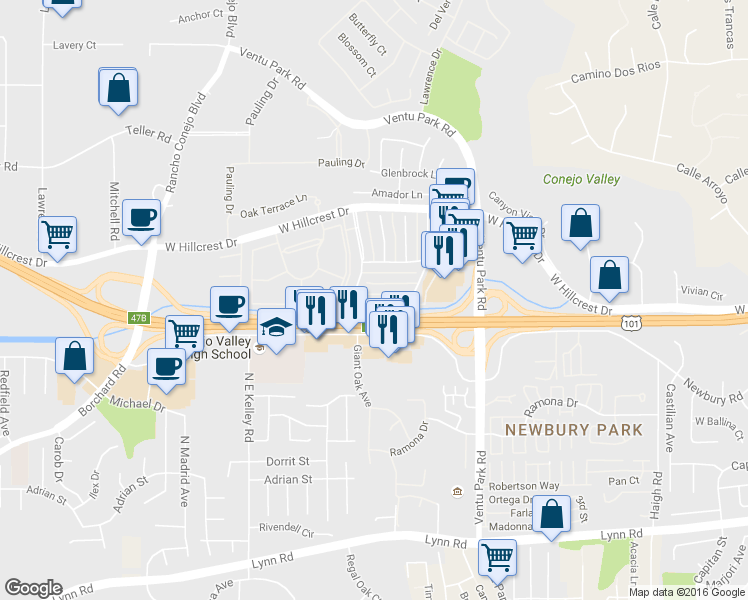map of restaurants, bars, coffee shops, grocery stores, and more near 1697 Calle Zafiro in Thousand Oaks