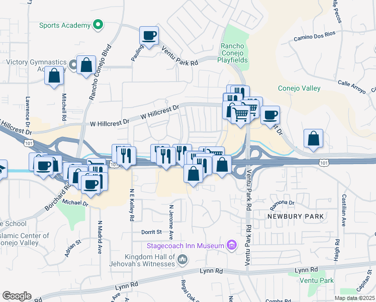 map of restaurants, bars, coffee shops, grocery stores, and more near 1719 Calle Zafiro in Thousand Oaks