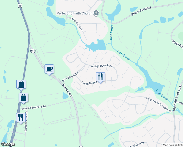 map of restaurants, bars, coffee shops, grocery stores, and more near 18 Old Hickory Court in Blythewood