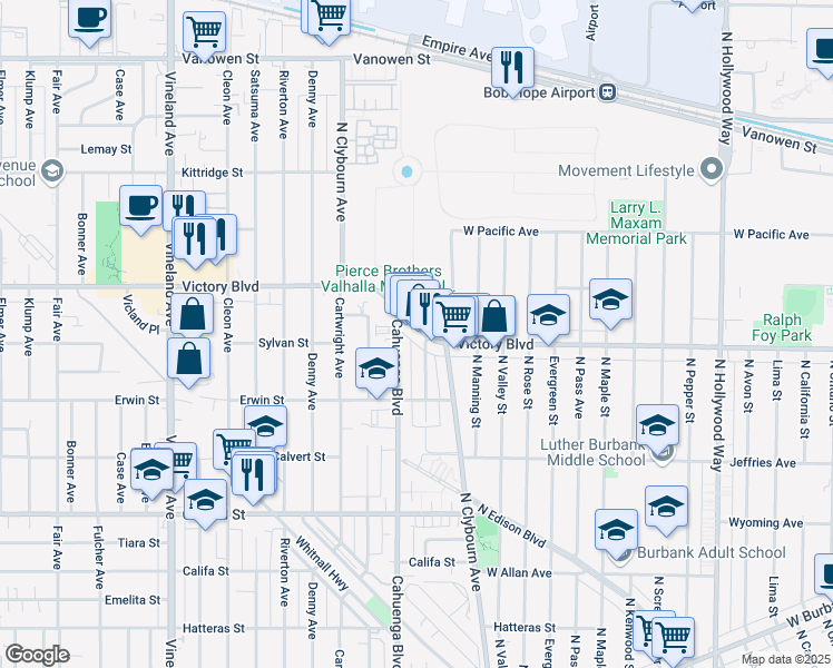 map of restaurants, bars, coffee shops, grocery stores, and more near 1053 Auckland Avenue in Los Angeles