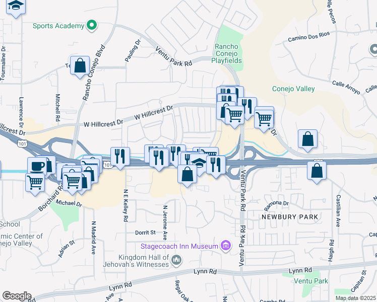 map of restaurants, bars, coffee shops, grocery stores, and more near 1697 Calle Zafiro in Thousand Oaks