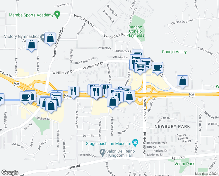 map of restaurants, bars, coffee shops, grocery stores, and more near 1719 Calle Zafiro in Thousand Oaks