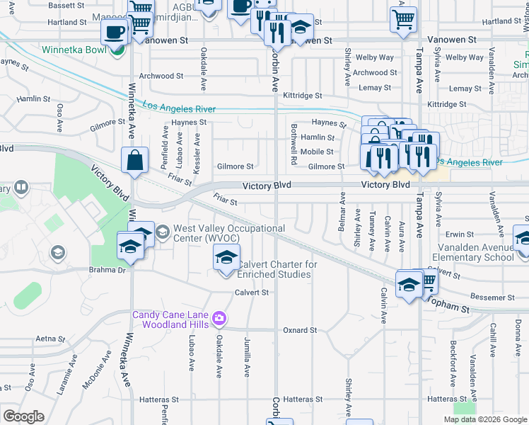 map of restaurants, bars, coffee shops, grocery stores, and more near 6330 Jumilla Avenue in Los Angeles