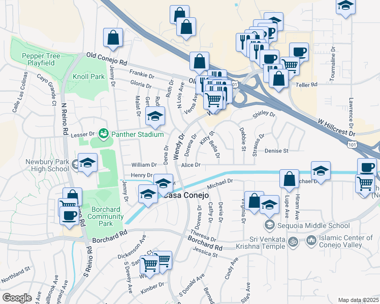 map of restaurants, bars, coffee shops, grocery stores, and more near 538 Dorena Drive in Thousand Oaks