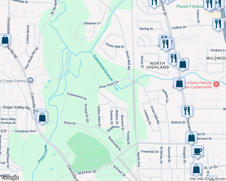 map of restaurants, bars, coffee shops, grocery stores, and more near 19 Jenny Lane in Cartersville