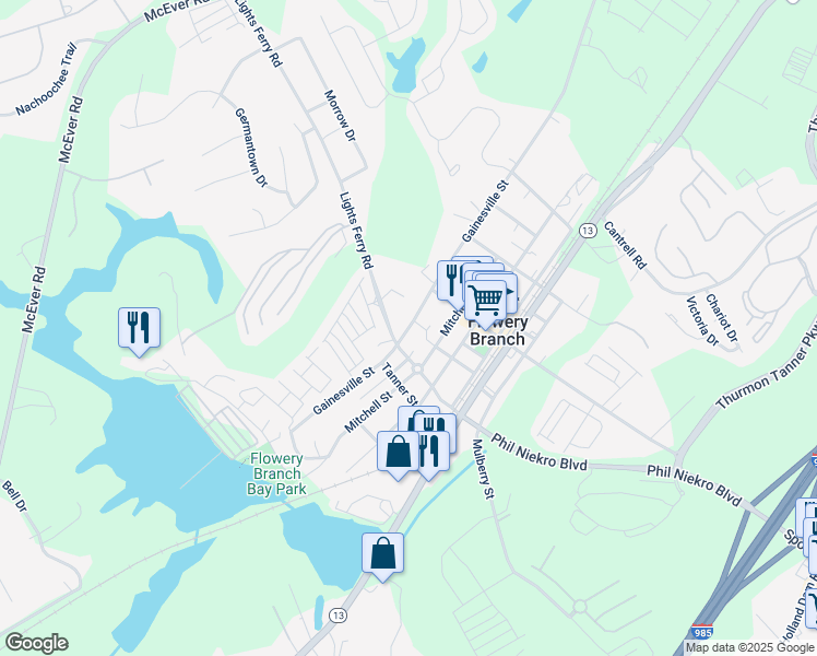 map of restaurants, bars, coffee shops, grocery stores, and more near 5832 Gainesville Street in Flowery Branch