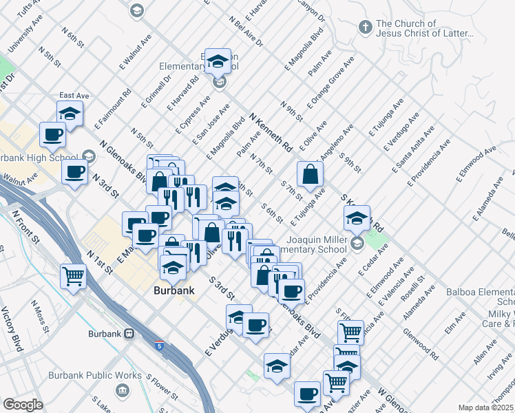 map of restaurants, bars, coffee shops, grocery stores, and more near 111 South 6th Street in Burbank