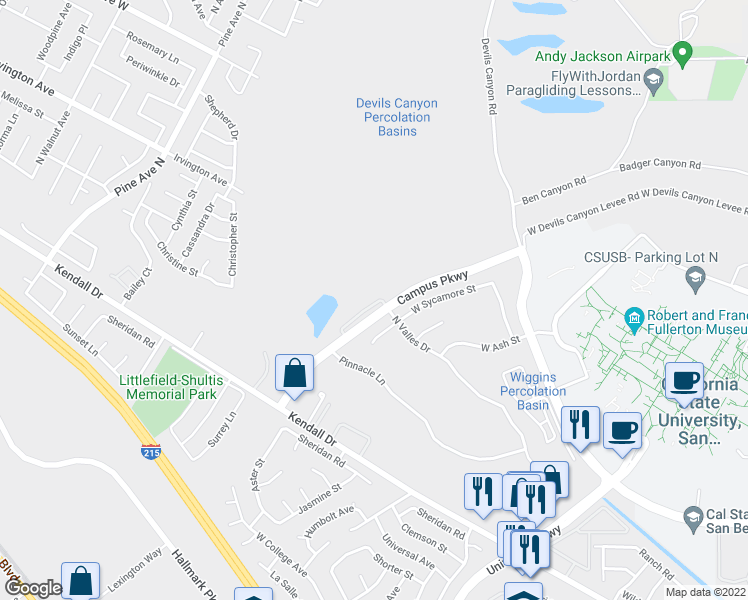 map of restaurants, bars, coffee shops, grocery stores, and more near 2008 North Colony Way in San Bernardino