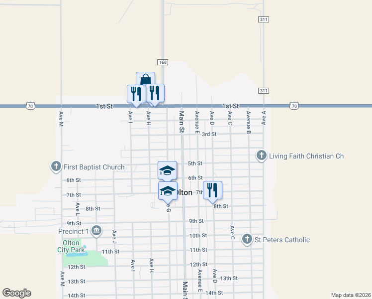map of restaurants, bars, coffee shops, grocery stores, and more near 401 Main Street in Olton