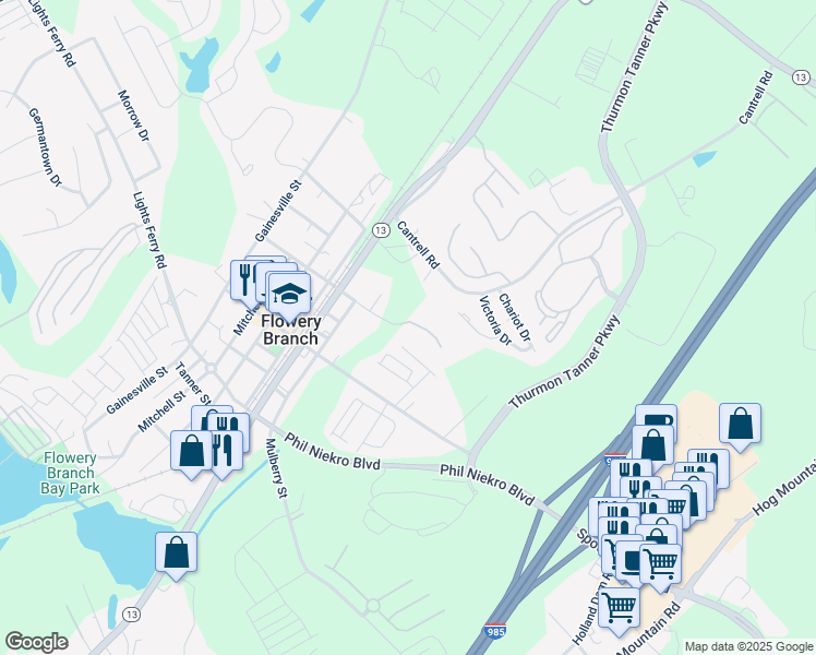 map of restaurants, bars, coffee shops, grocery stores, and more near 5148 Spring Street in Flowery Branch