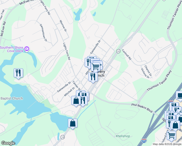 map of restaurants, bars, coffee shops, grocery stores, and more near 5616 Church Street in Flowery Branch