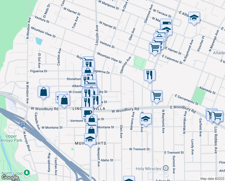 map of restaurants, bars, coffee shops, grocery stores, and more near 2296 Grandeur Avenue in Altadena