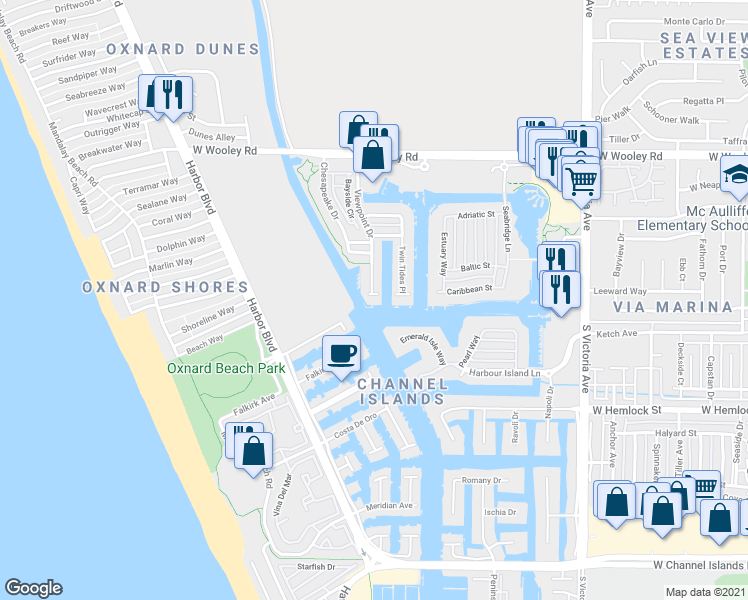map of restaurants, bars, coffee shops, grocery stores, and more near 1584 Viewpoint Drive in Oxnard
