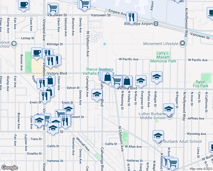 map of restaurants, bars, coffee shops, grocery stores, and more near 1053 Auckland Avenue in Los Angeles