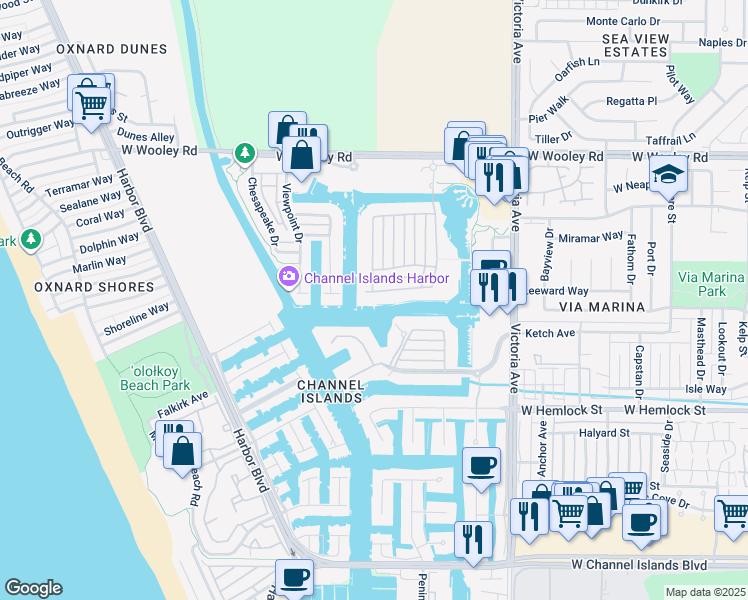 map of restaurants, bars, coffee shops, grocery stores, and more near 4194 Caribbean Street in Oxnard