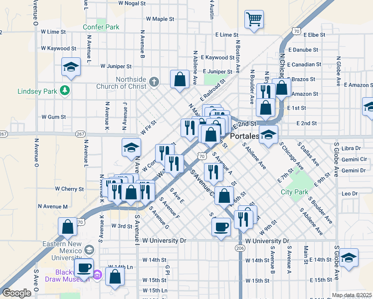 map of restaurants, bars, coffee shops, grocery stores, and more near 226 East 2nd Street in Portales