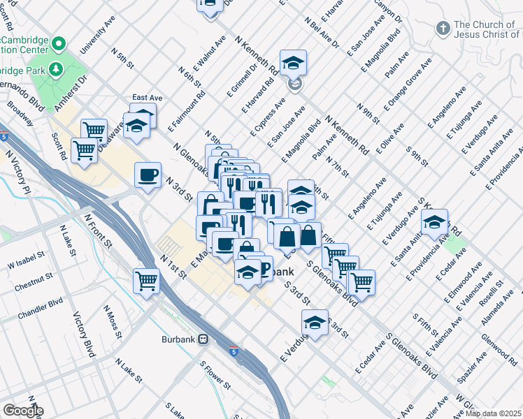 map of restaurants, bars, coffee shops, grocery stores, and more near 417 Palm Avenue in Burbank