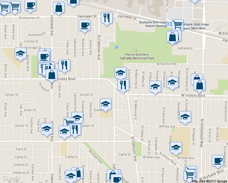 map of restaurants, bars, coffee shops, grocery stores, and more near 6301 Cahuenga Boulevard in Los Angeles