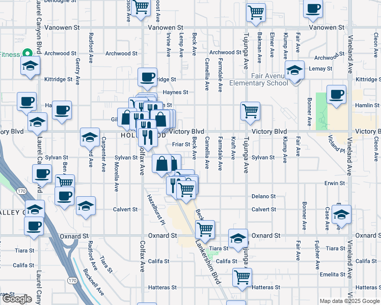 map of restaurants, bars, coffee shops, grocery stores, and more near 11601 Sylvan Street in Los Angeles