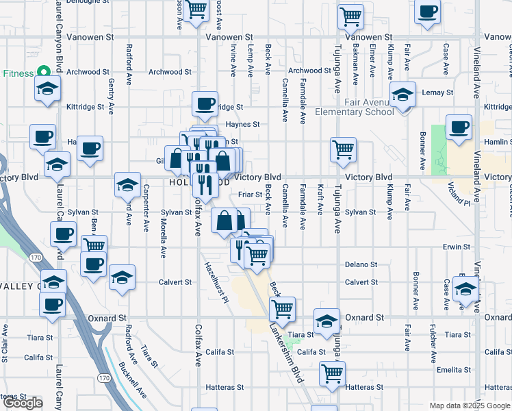 map of restaurants, bars, coffee shops, grocery stores, and more near 11601 Sylvan Street in Los Angeles