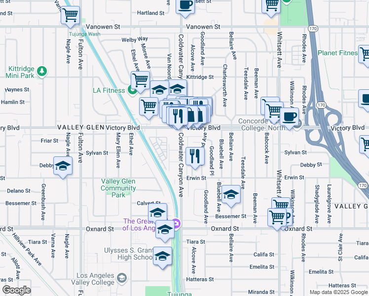 map of restaurants, bars, coffee shops, grocery stores, and more near 12833 Sylvan Street in Los Angeles