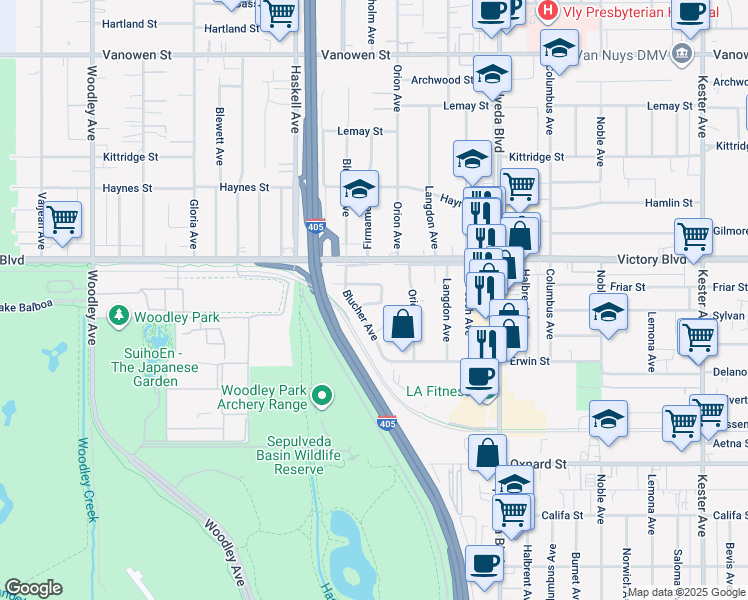 map of restaurants, bars, coffee shops, grocery stores, and more near 15506 Sylvan Street in Los Angeles
