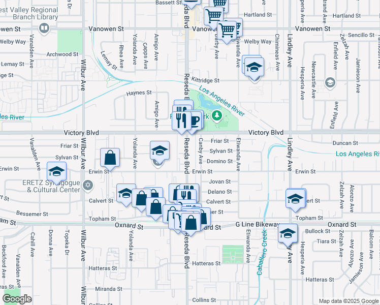 map of restaurants, bars, coffee shops, grocery stores, and more near 6322 Reseda Boulevard in Los Angeles