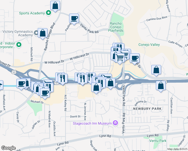 map of restaurants, bars, coffee shops, grocery stores, and more near 1689 Calle Zafiro in Thousand Oaks