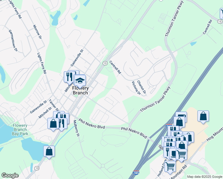 map of restaurants, bars, coffee shops, grocery stores, and more near 5148 Spring Street in Flowery Branch