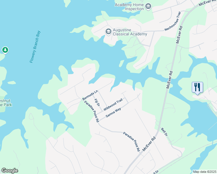 map of restaurants, bars, coffee shops, grocery stores, and more near 6564 Bermuda Lane in Flowery Branch