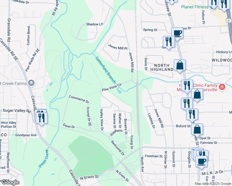 map of restaurants, bars, coffee shops, grocery stores, and more near 19 Jenny Lane in Cartersville