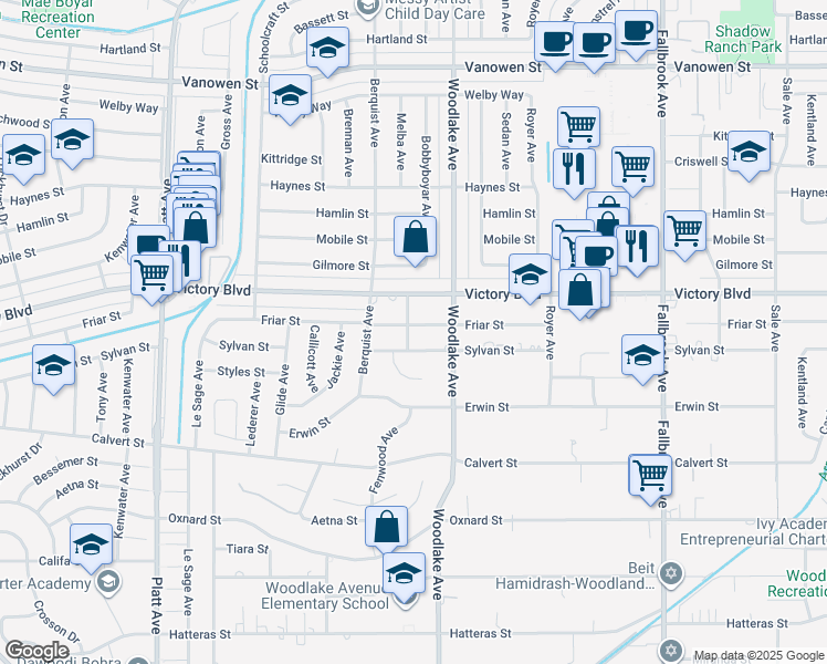 map of restaurants, bars, coffee shops, grocery stores, and more near 23244 Friar Street in Los Angeles