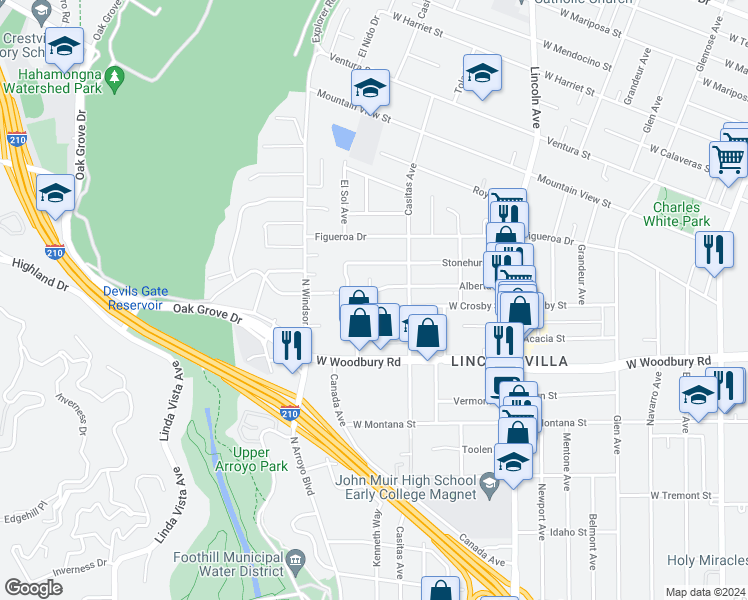 map of restaurants, bars, coffee shops, grocery stores, and more near 710 Alberta Street in Altadena