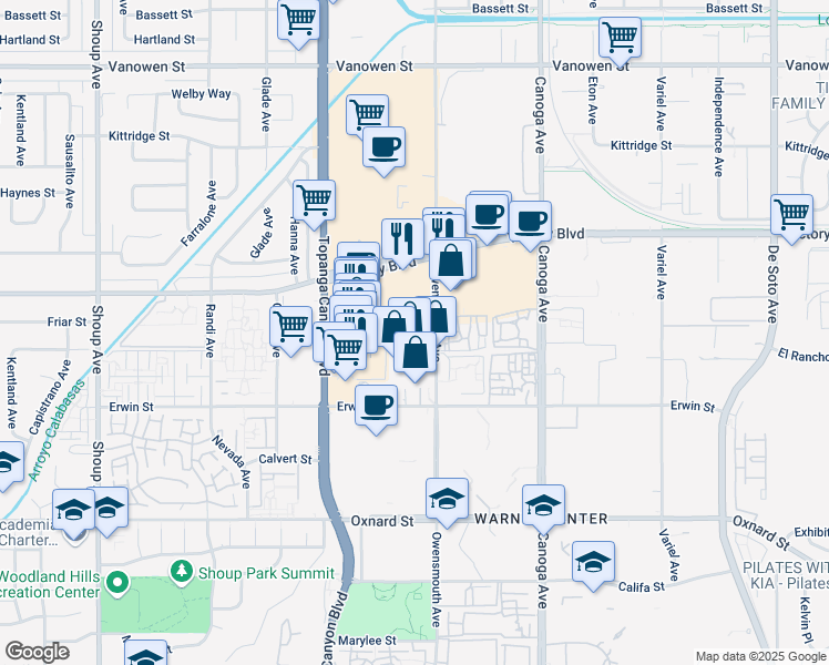 map of restaurants, bars, coffee shops, grocery stores, and more near 6303 Owensmouth Avenue in Los Angeles