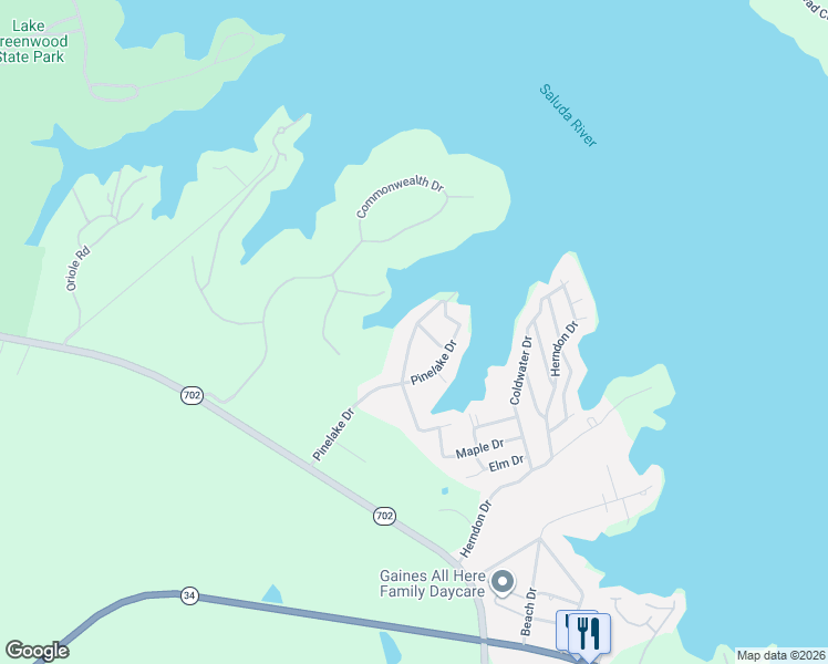 map of restaurants, bars, coffee shops, grocery stores, and more near 416 Pinelake Drive in Ninety Six