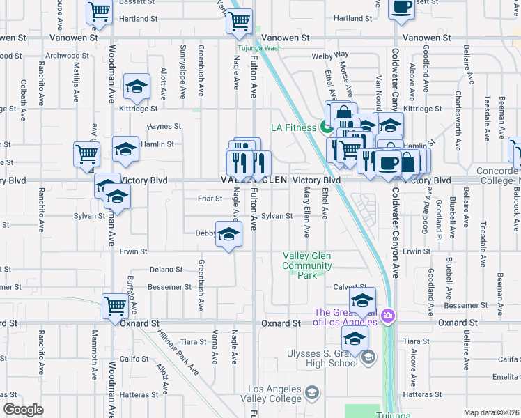 map of restaurants, bars, coffee shops, grocery stores, and more near 6303 Longridge Avenue in Los Angeles