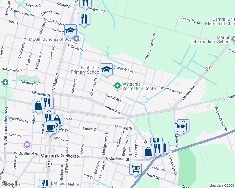map of restaurants, bars, coffee shops, grocery stores, and more near 914 North Hampton Street in Marion