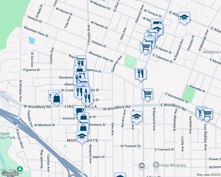 map of restaurants, bars, coffee shops, grocery stores, and more near 2297 Glenrose Avenue in Altadena